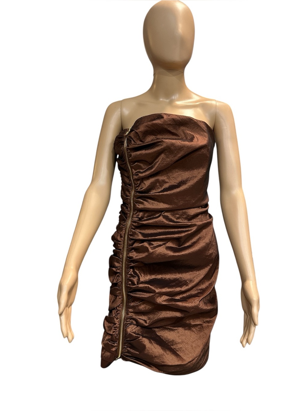 Calvin Klein brown metallic strapless ruched body con party gold zip detail